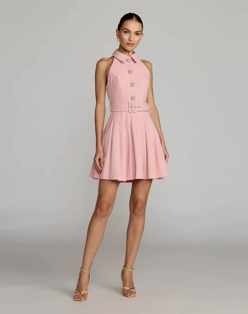 Blush Pleated A-Line Mini Dress With Pearl Buttons