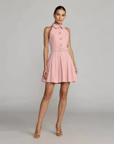 Blush Pleated A-Line Mini Dress With Pearl Buttons