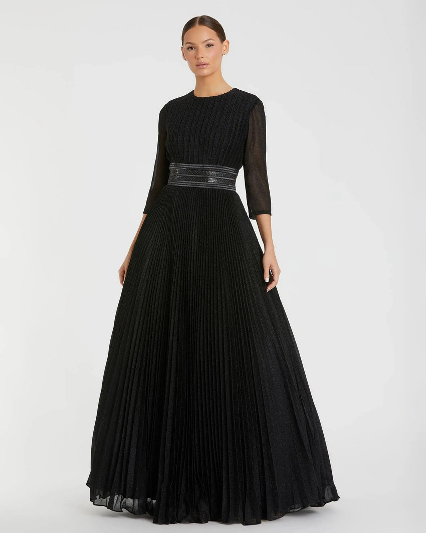 Black Shimmering Pleated 3/4 Sleeve Ball Gown
