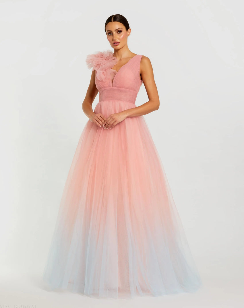 Pink Ruffle Shoulder V Neck Ombre Tulle Ball Gown