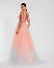 Pink Ruffle Shoulder V Neck Ombre Tulle Ball Gown