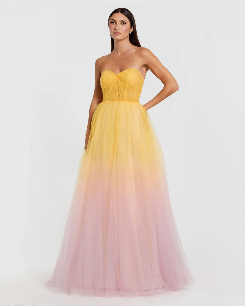Yellow and Pink Strapless Corset Ombre Tulle Ballgown