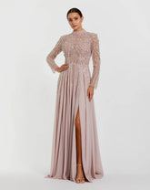Light Purple Embellished Long Sleeve Gown with Slit