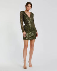 Olive Long Sleeve Sequined Mini Dress - FINAL SALE