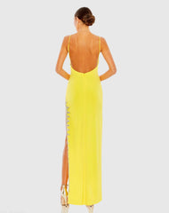 Yellow Rhinestone Encrusted Side Slit Cami Bodycon Gown