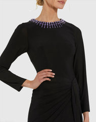 Black Long Sleeve Jersey Ruched Gown With Beaded Neck