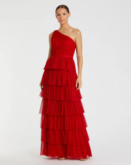 Red One Shoulder Layered Tiered Tulle Gown