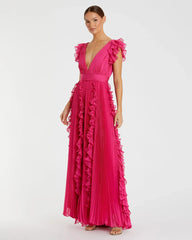 Pleated Ruffle Cap Sleeve Flowy A Line Gown