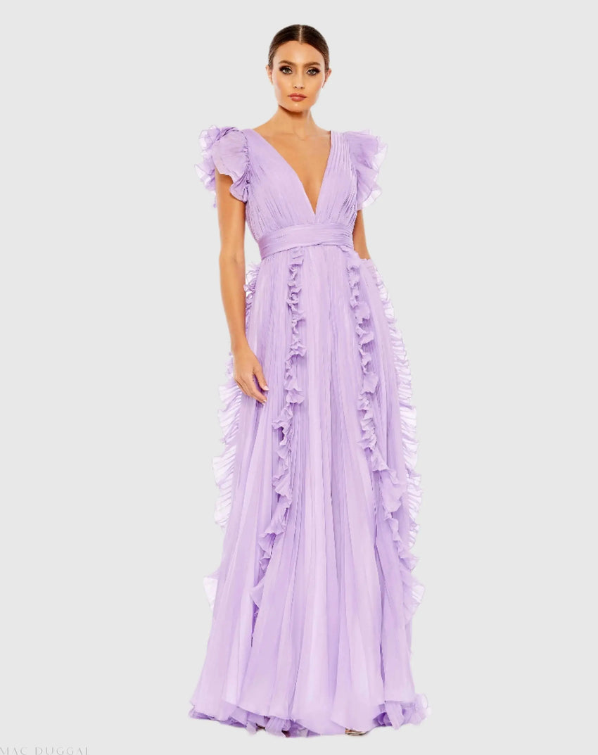Purple Pleated Ruffle Cap Sleeve Flowy A Line Gown