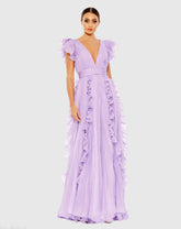 Purple Pleated Ruffle Cap Sleeve Flowy A Line Gown