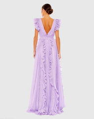 Purple Pleated Ruffle Cap Sleeve Flowy A Line Gown