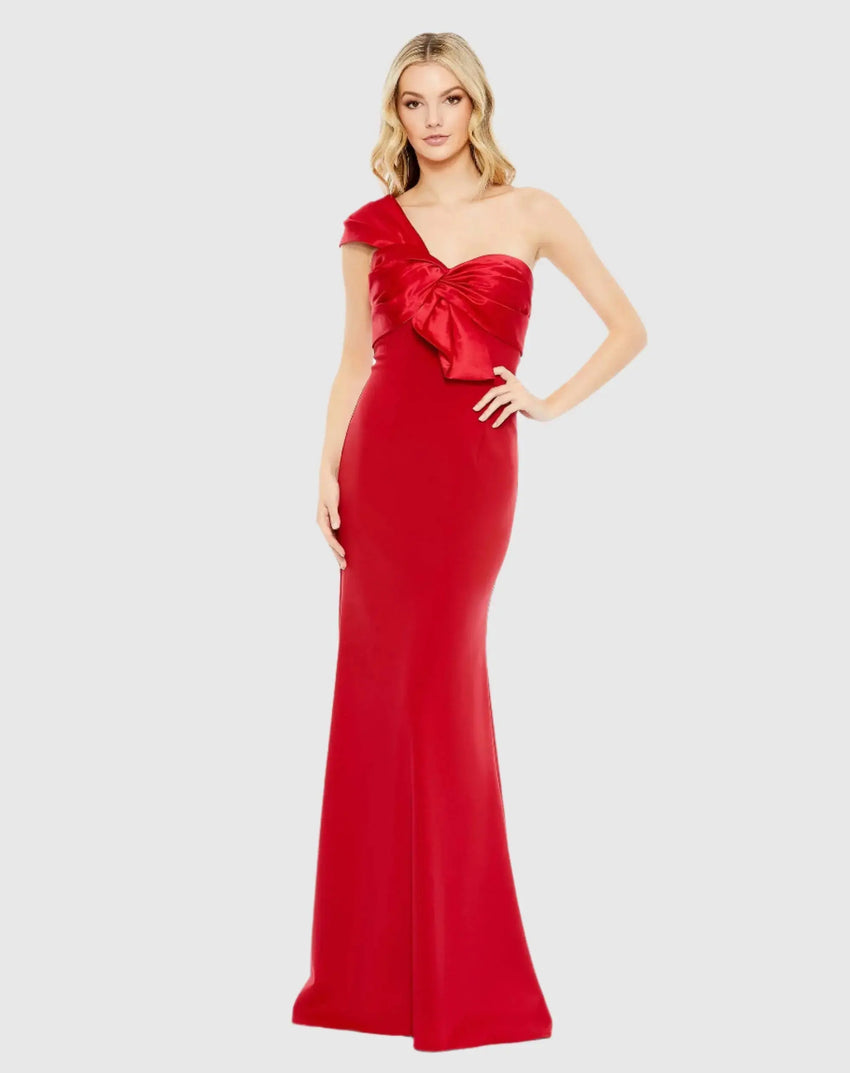 Red One Shoulder Draped Trumpet Gown
