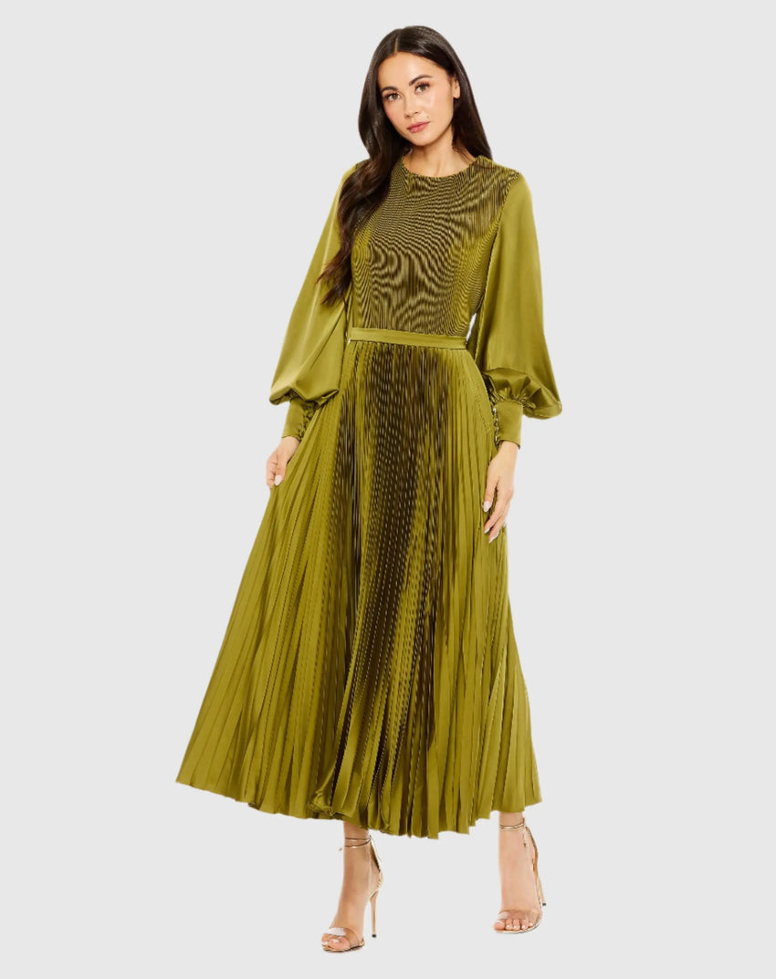 Olive Long Sleeve High Neck Heat Pleated Dress