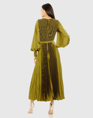Olive Long Sleeve High Neck Heat Pleated Dress