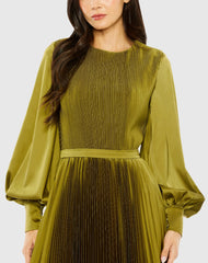 Olive Long Sleeve High Neck Heat Pleated Dress