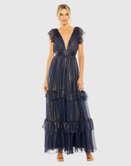 Navy Ruched Top Flutter Sleeve Deep V Gown