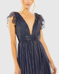 Navy Ruched Top Flutter Sleeve Deep V Gown