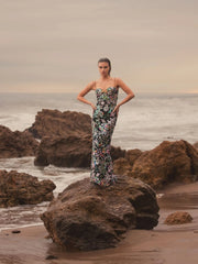 Black Multicolor Embroidered Bustier Trumpet Gown
