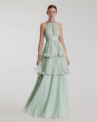 Green High Neck Chiffon Tiered Gown with Cut Out
