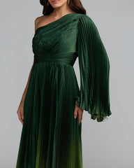 Green Ombre Pleated Charmeuse One Shoulder Ombre Gown