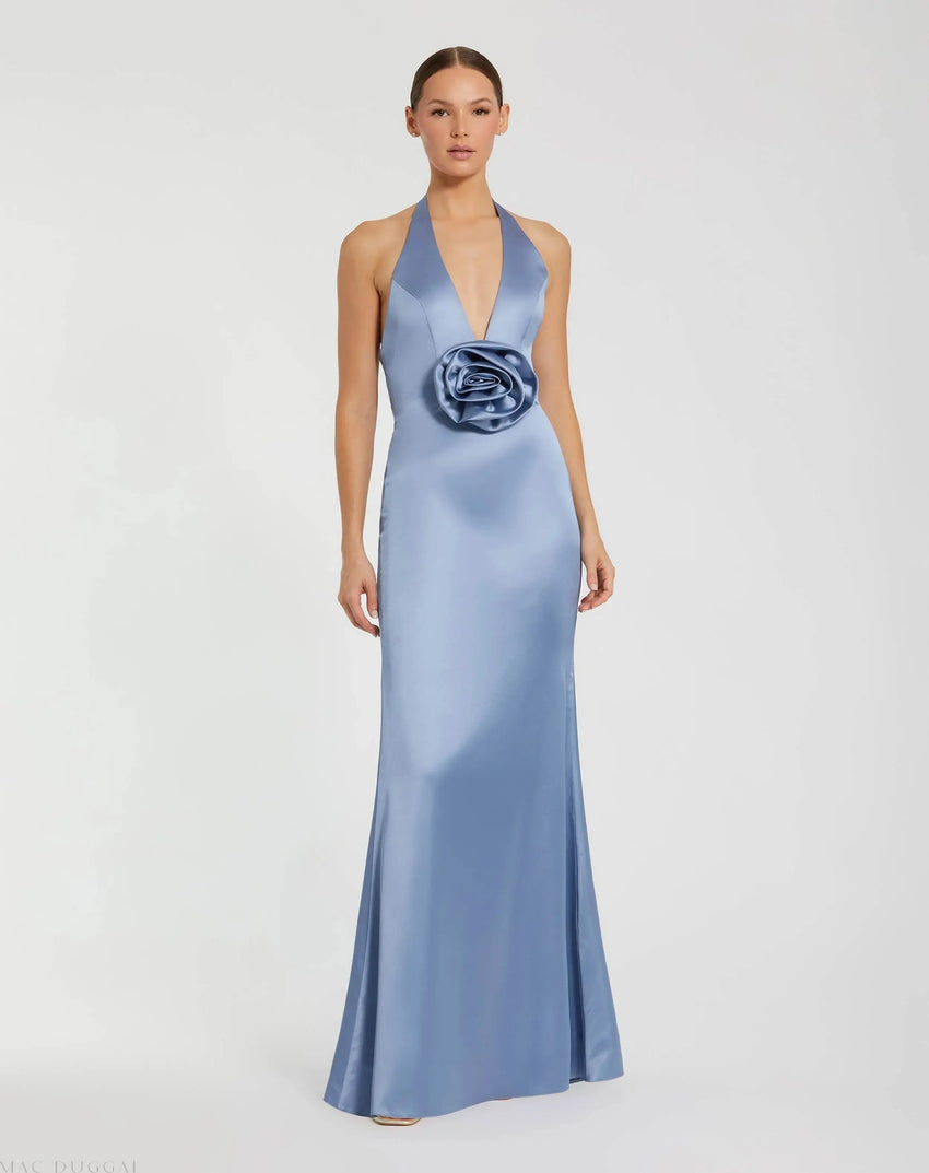 Blue Fitted Satin Sleeveless Halter Gown With 3D Flower