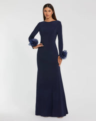 Long Sleeve Fitted Jersey Gown With 3D Flowers