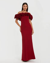 Burgundy Crepe Off The Shoulder Column Gown With 3D Roses