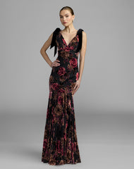 Black Floral Velvet Mermaid Gown With Bows