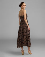 Brown Strapless Floral Leather A-Line Midi Dress