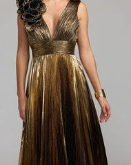 Gold Sleeveless Metallic V-Neck Gown With Ruffle Detail