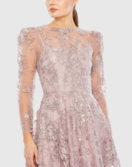 Purple Embroidered Illusion High Neck A Line Dress