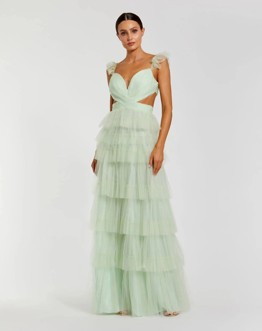 Ruffle Tiered Tulle Cut Out Gown