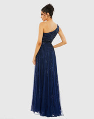 Navy Embellished One Shoulder A-Line Gown