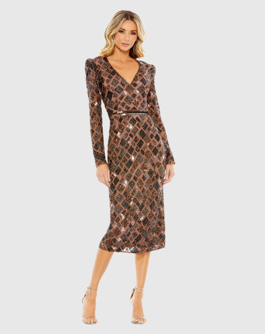 Brown Geo Embellished Midi Sheath Dress