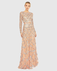 Embellished Illusion High Neck Long Sleeve A Line Gown