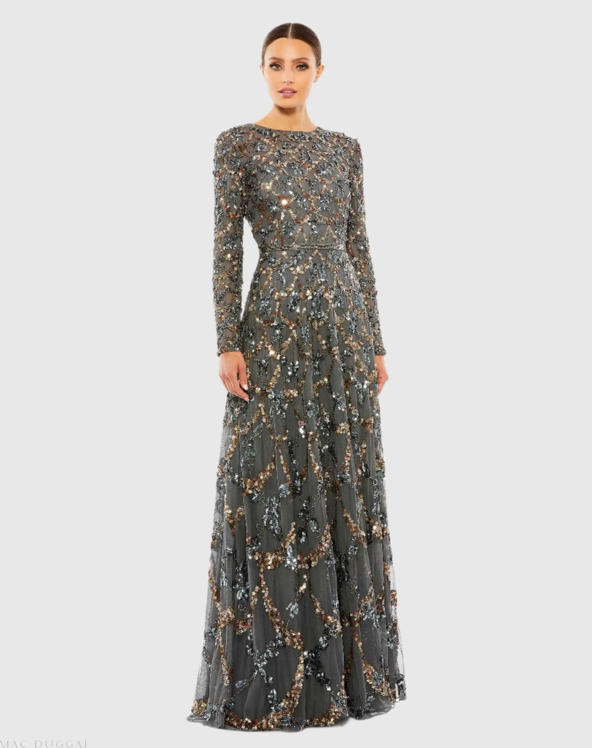 Gray Embellished Illusion High Neck Long Sleeve A Line Gown