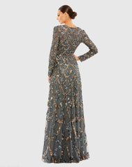 Gray Embellished Illusion High Neck Long Sleeve A Line Gown