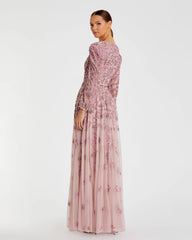 Pink Embellished V Neck Long Sleeve A Line Gown - FINAL SALE