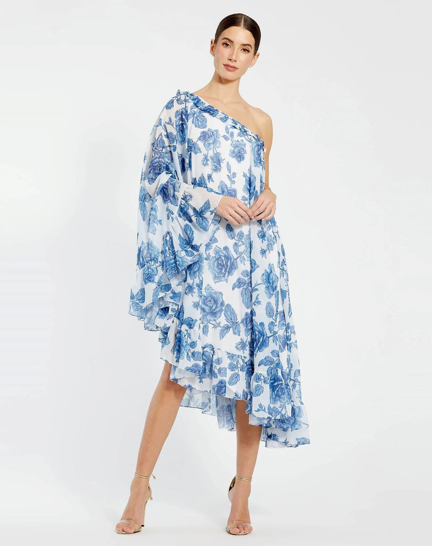 White and Blue Floral Print One Shoulder Cape Dress