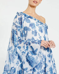White and Blue Floral Print One Shoulder Cape Dress