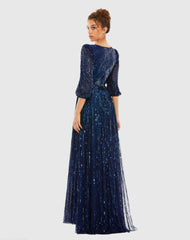 Navy Sequined Wrap Over 3/4 Sleeve Gown