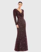 Red Puff Shoulder Sequined Surplice Gown
