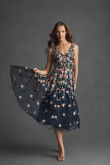 Navy V-Neck Sleeveless Midi Floral Beaded A-line Dress
