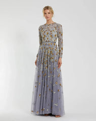 Platinum Embellished High Neck Long Sleeve A Line Gown
