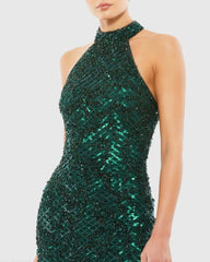 Green Embellished Halter Midi Dress