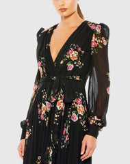 Black Belted Floral Print Illusion Long Sleeve Gown