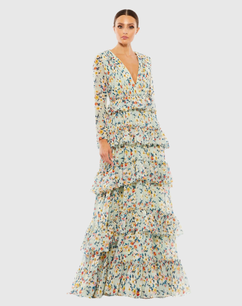 Green Floral Printed Tiered Ruffle Long Sleeve Gown