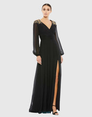 Black Embellished Shoulder Blouson Sleeve Evening Gown