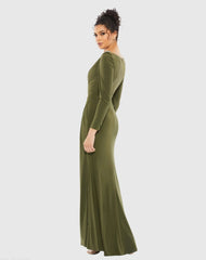 Olive Draped Bateau Long Sleeve Trumpet Gown