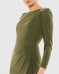 Olive Draped Bateau Long Sleeve Trumpet Gown